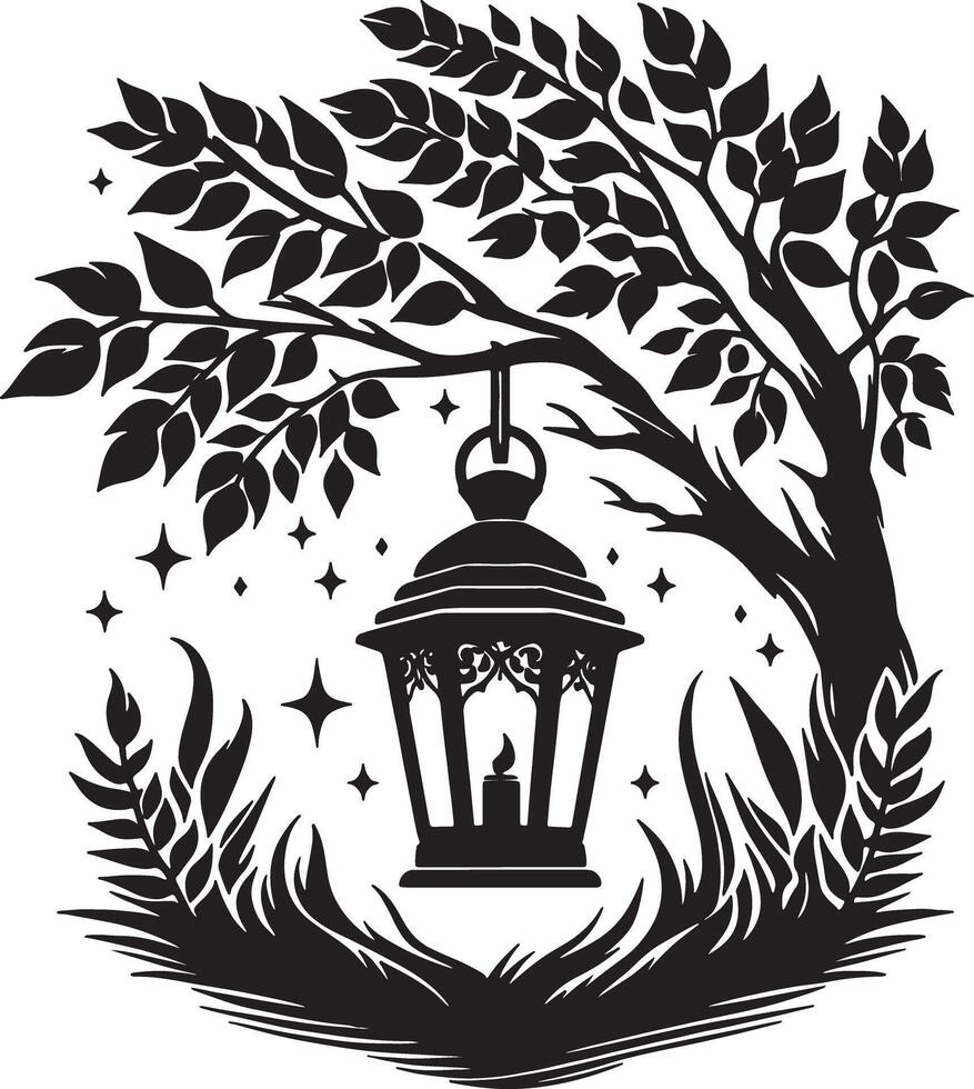 A black and white illustration of a lantern hanging from a tree with stars around it vector