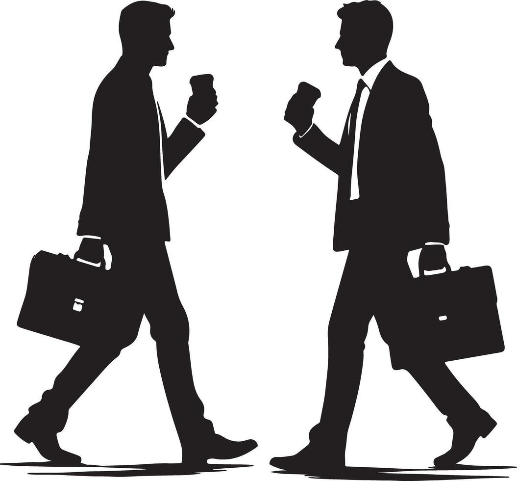 Silhouette of two businessmen walking with briefcases and coffee cups on white background vector