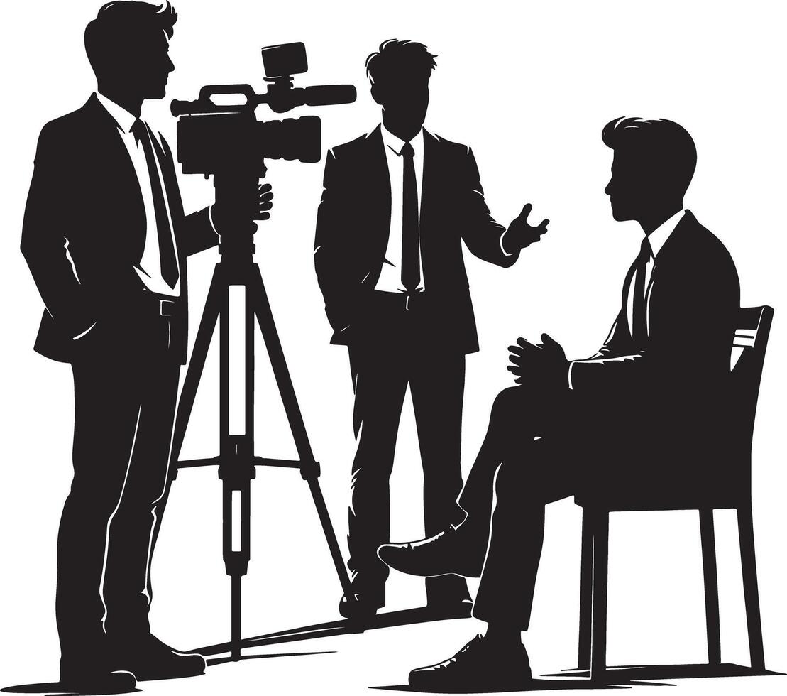 Silhouette of interview setup with cameraman interviewer and interviewee in studio vector
