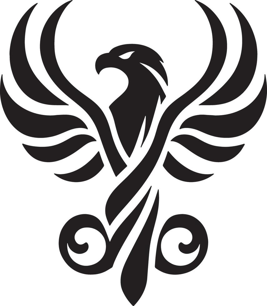 A black and white graphic design of a phoenix with stylized wings and tail curls vector