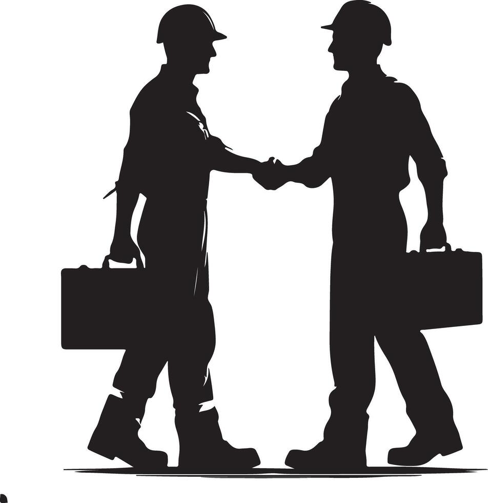 Silhouette of two construction workers shaking hands with briefcases on white background vector