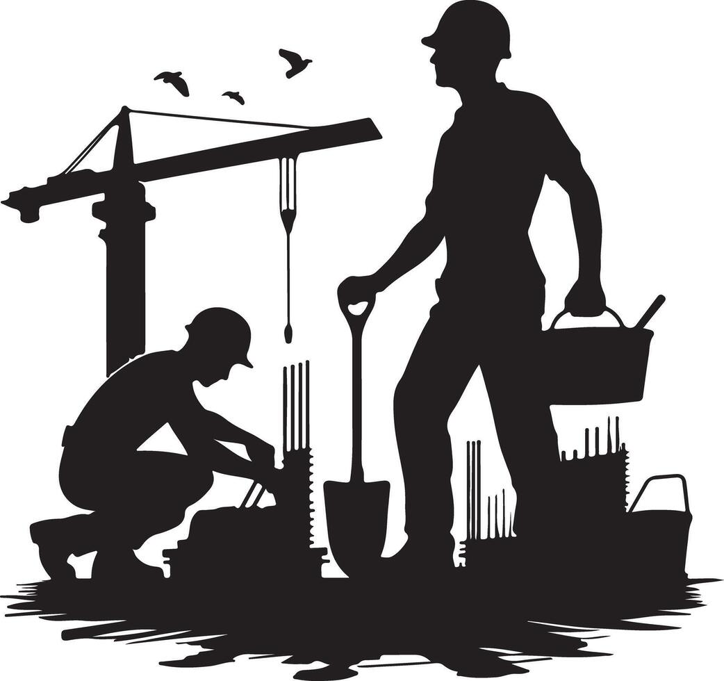 Silhouette of construction workers with crane and birds in black and white image vector