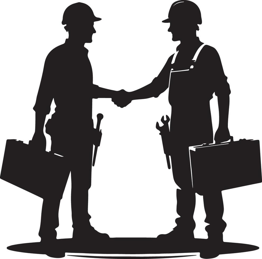 Two construction workers in silhouette shaking hands holding toolboxes and tools vector