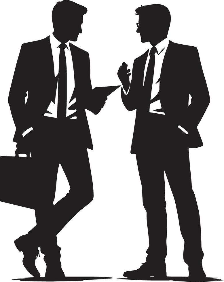 Silhouette of two businessmen in suits discussing business with briefcase and tablet vector