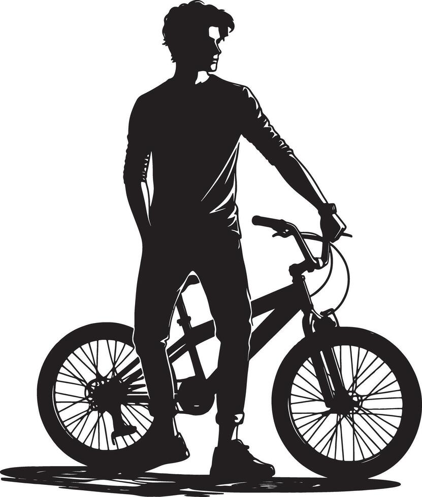 Silhouette of a man standing next to a bicycle in black and white minimalist style vector