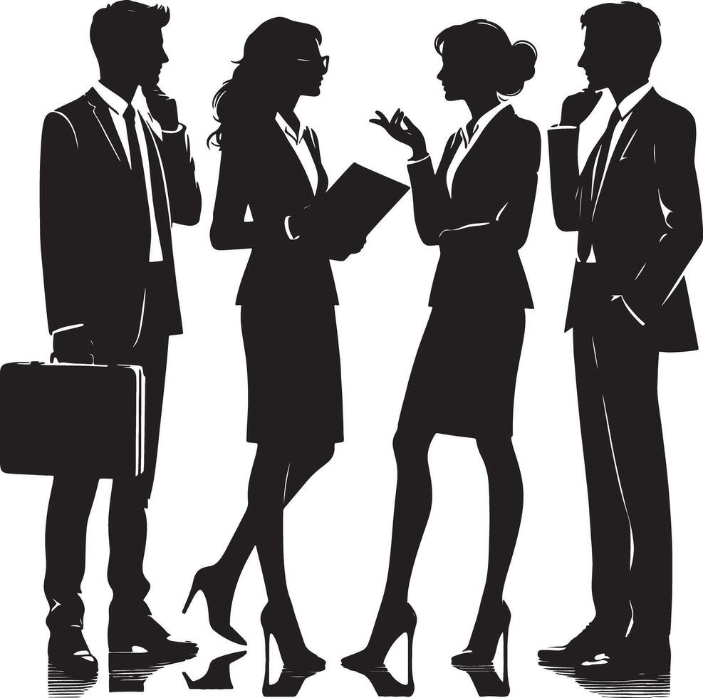 Silhouetted business team with two men and two women in suits discussing strategy vector