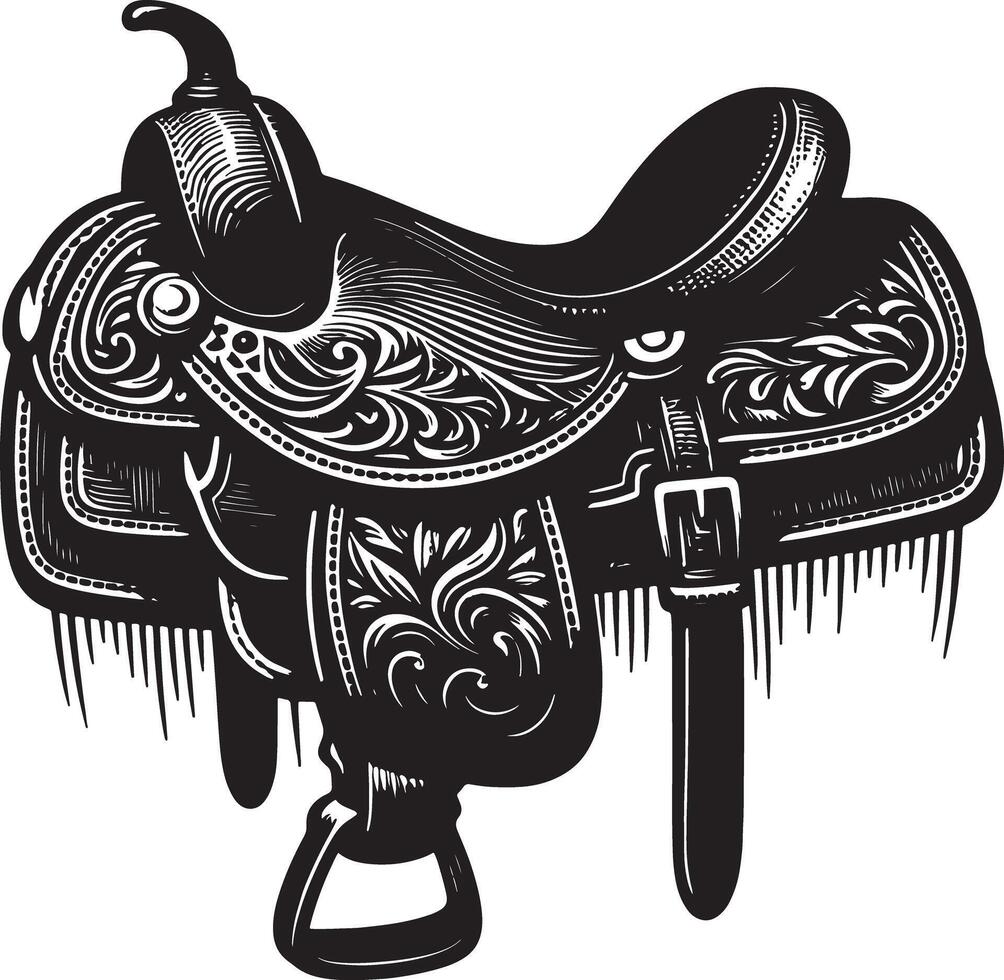 A detailed black and white illustration of a western saddle with floral designs art vector