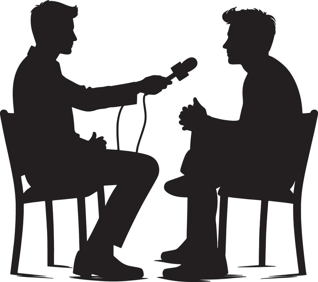 Silhouette of man holding microphone interviewing another man sitting on a chair vector