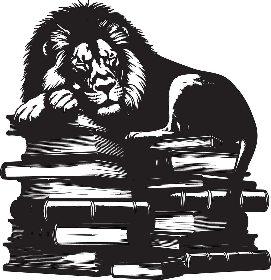 A monochrome illustration of a lion sleeping on a large stack of hardcover books vector