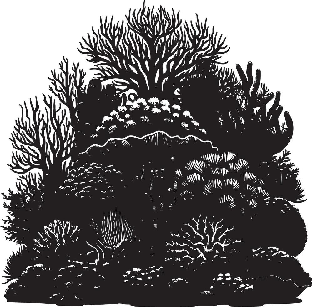 A monochrome illustration of various coral formations and branching structures artfully arranged vector