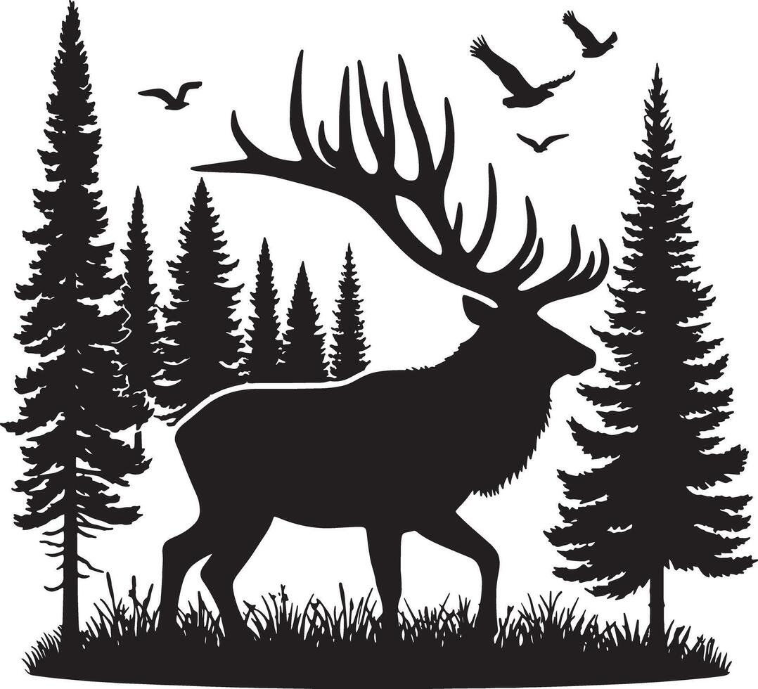 A silhouette of a deer with large antlers standing in a forest with birds flying above vector