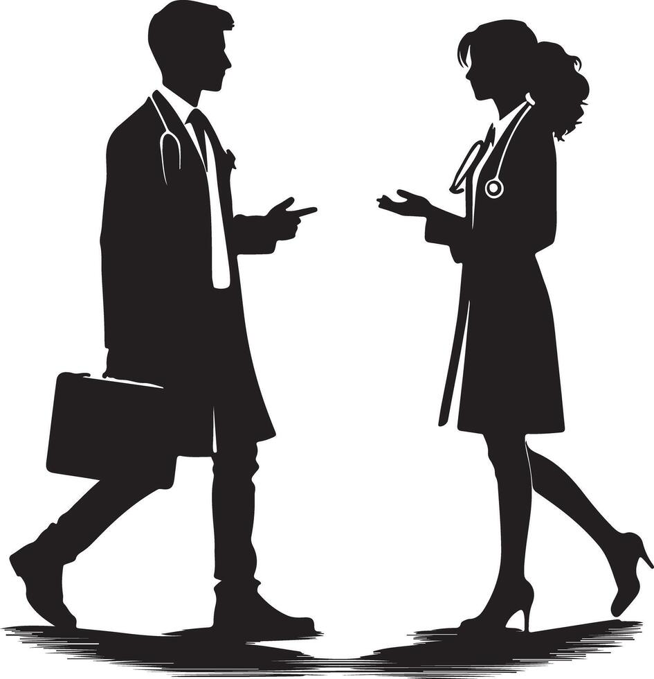 Silhouette of a male doctor with briefcase talking to a female doctor in heels vector