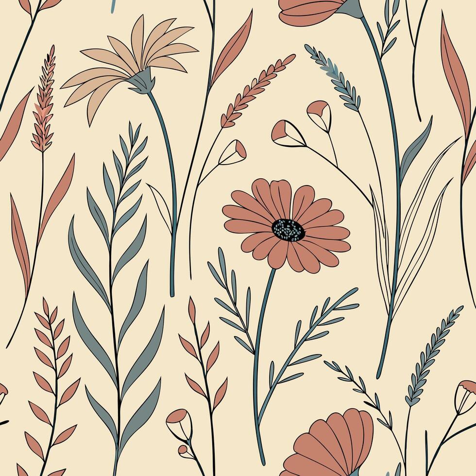 a seamless boho style floral pattern featuring hand drawn blossoms vector