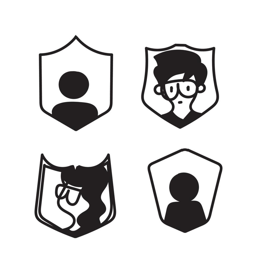 four black and white icons of people in different shapes of shield vector