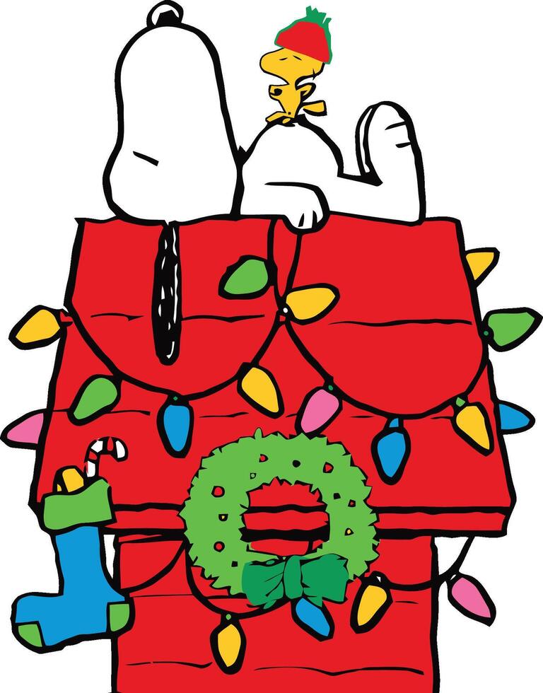 snoopy on hut with woodstock vector