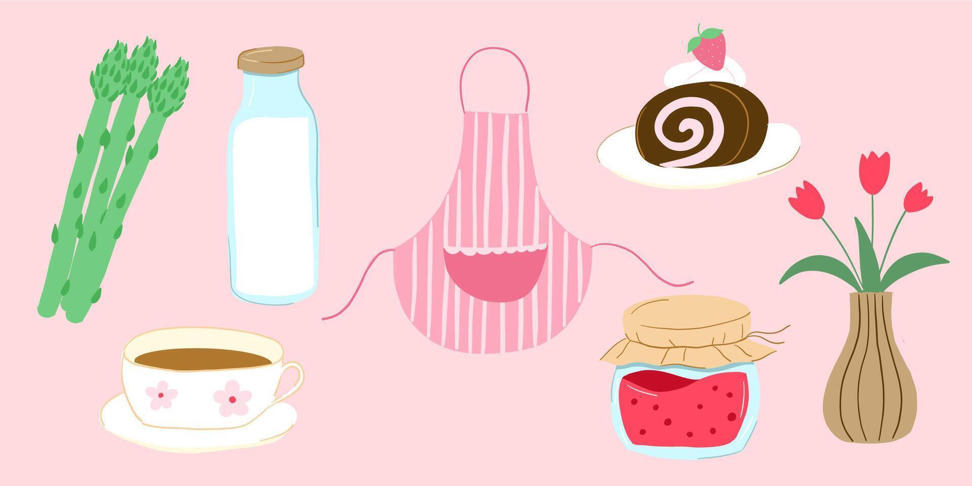 Set of cute cottagecore illustrations. Flowers, milk, jam and asparagus. Gardening and countryside lifestyle. Spring and summer village. vector
