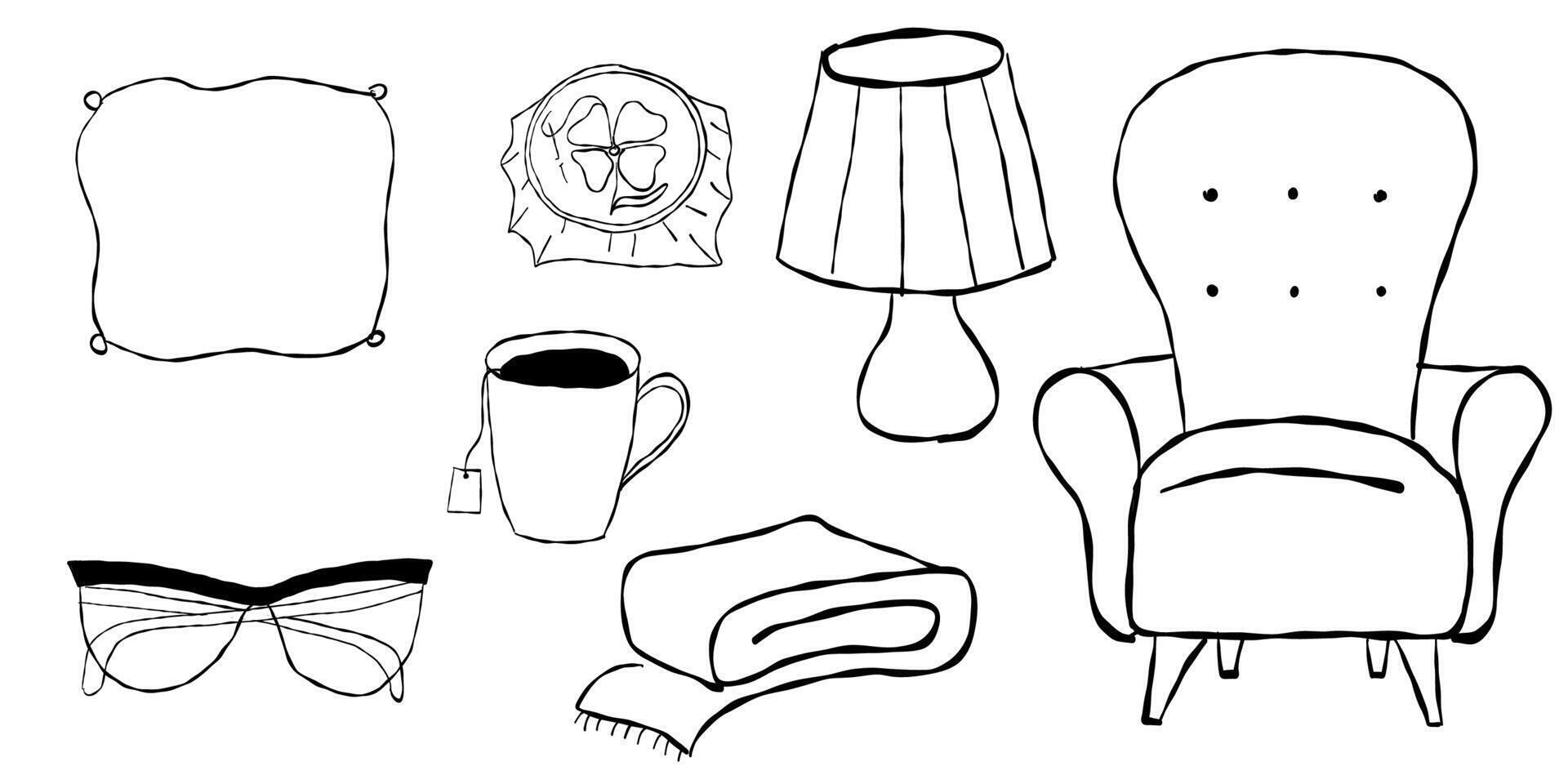 Set of doodle cottagecore elements. Cozy chair, lamp and embroidery. Still life elements vector