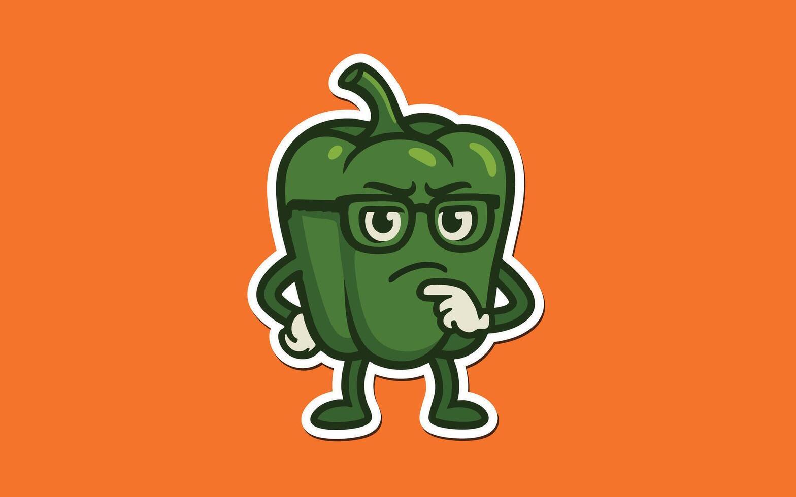 a cartoon green pepper with glasses on an orange background vector