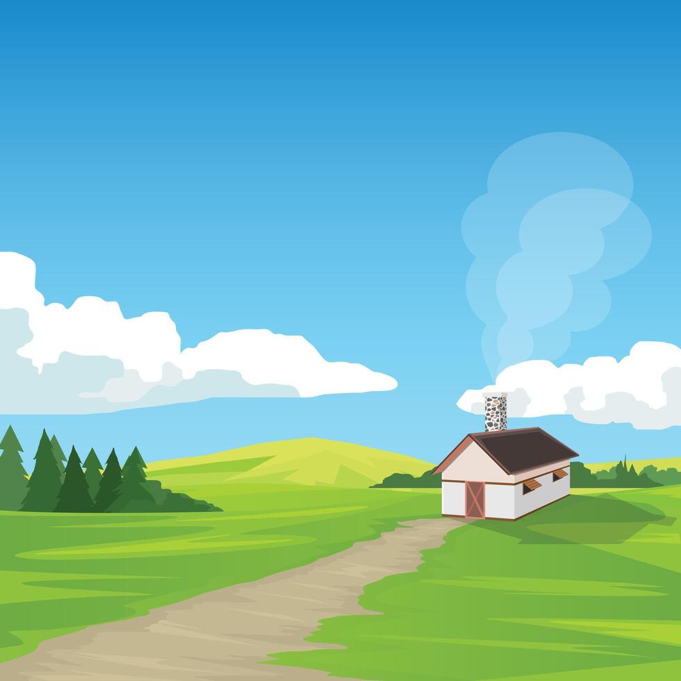 Landscape featuring a small house with a smoking. Chimney in a green field under a bright blue sky with white clouds. Dirt path leads from the foreground towards the house. Mountain under blue sky. vector