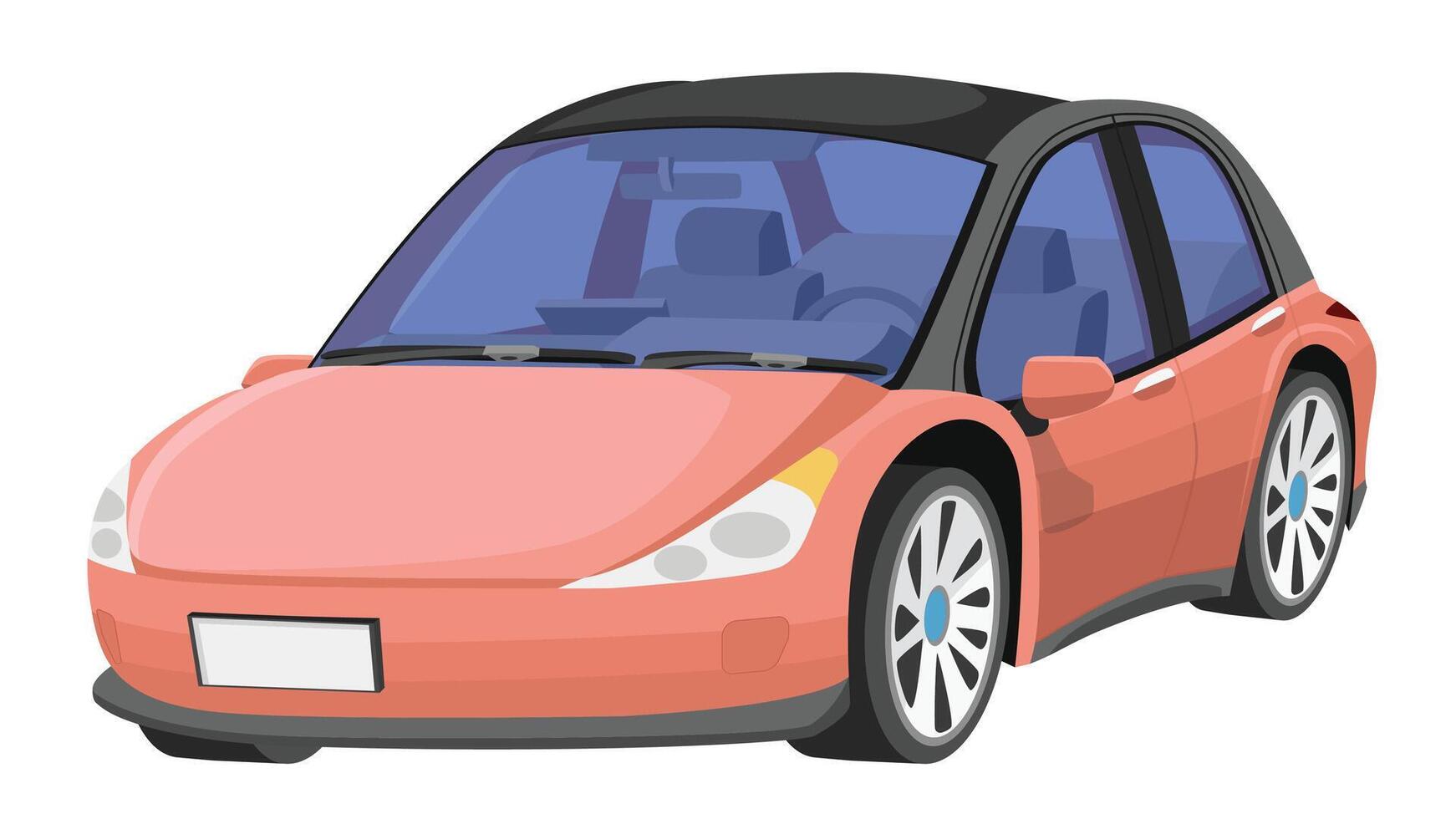 Objec perspective design of electric sedan car pastel red color. Can view inside car. Shadow and isolated white background. vector