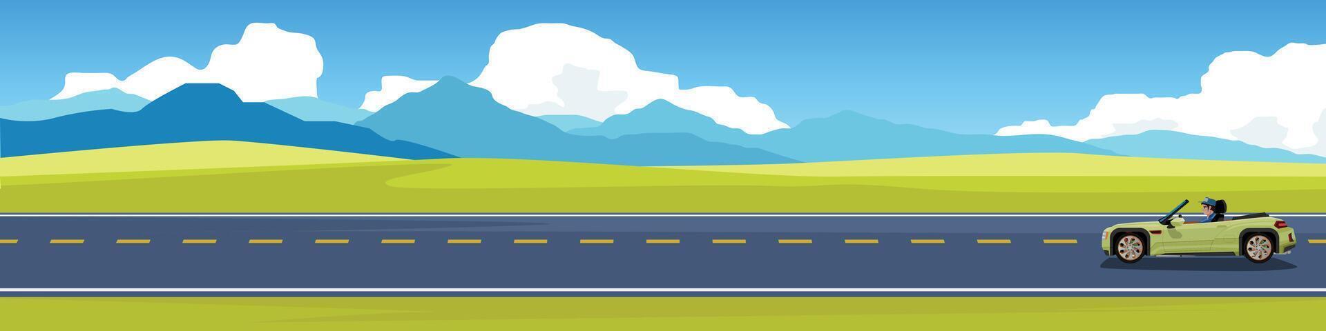 Travels of Convertible or Sport Roadster with driving man for banner. Asphalt road near plain grassland and hills with rugged mountains. Under the white clouds and blue sky. Copy Space Flat . vector