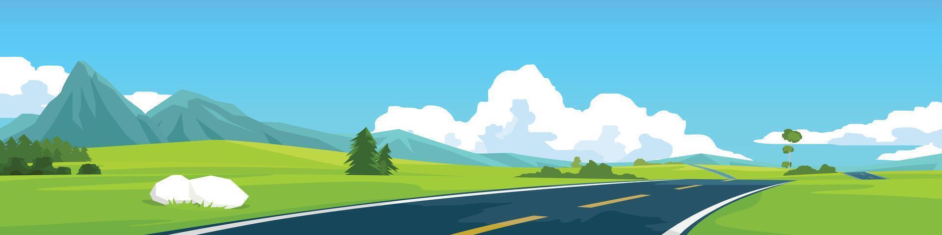 Landscape view illustration banner of asphalt road. Winding road leading straight to the valley. Green open fields and mountain under blue sky for background. vector