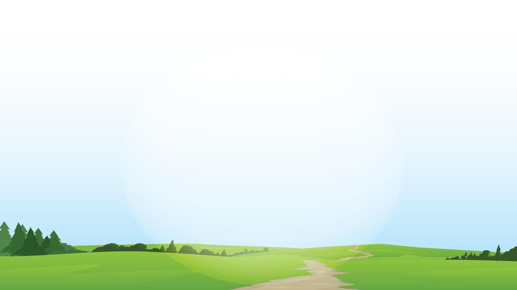 Background nature landscape winding dirt road. Through bright green landscape with hills trees. Empty space background under clear blue sky with bright light. vector