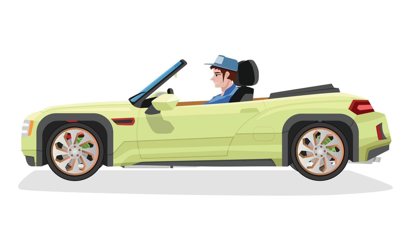 Concept illustration of detailed side of a flat green Convertible or Sport Roads with driving man inside car. with shadow of car on reflected from the ground below. vector