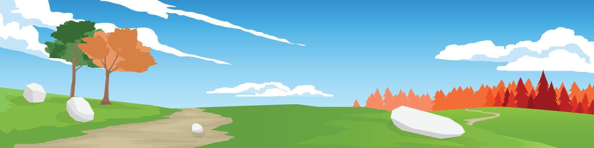 Horizontal or landscape view of walking path on a hillside. The pine trees are falling leaves in spring. Under the white clouds and clear sky. vector