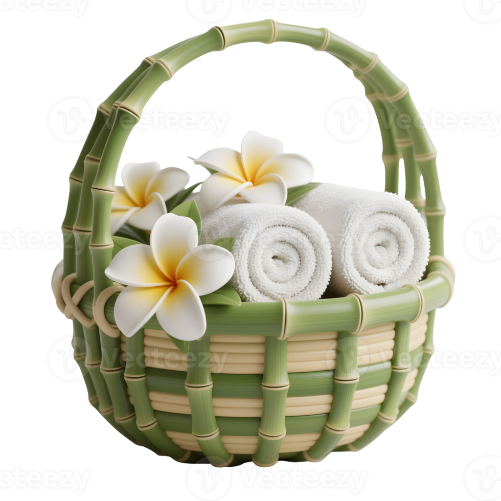 A basket with towels and flowers on it png
