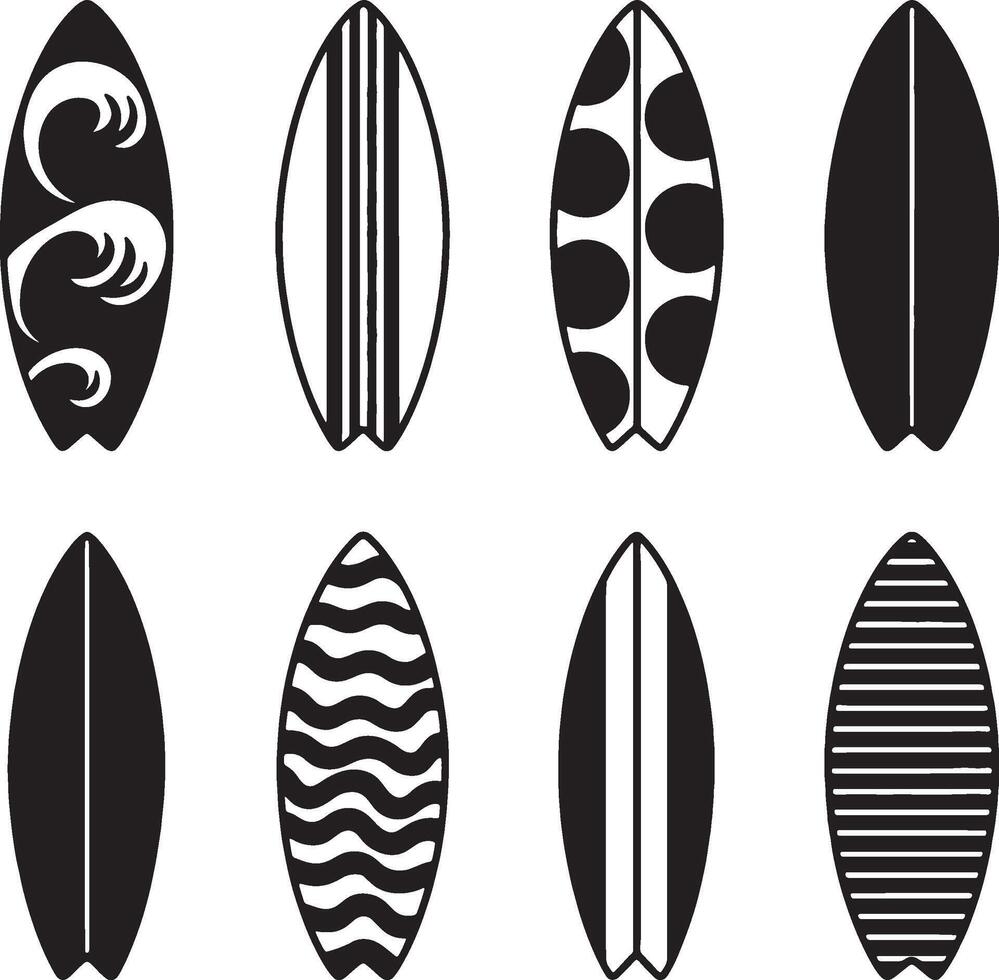 Minimalist black and white surfboard collection featuring various patterns and designs vector