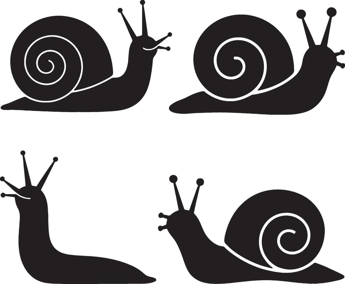 Four snails black silhouette design with two different shells isolated on white background vector