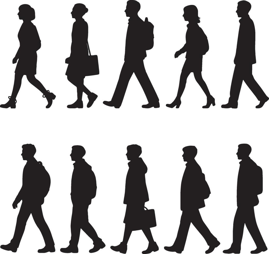 Collection of walking people silhouettes diverse group commuting and strolling vector