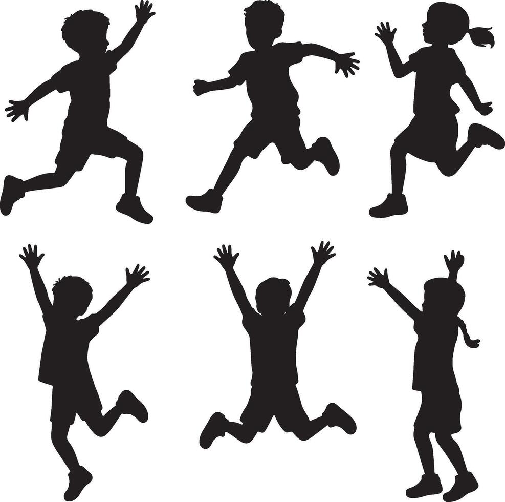 Kids silhouettes jumping running playing having fun illustration vector