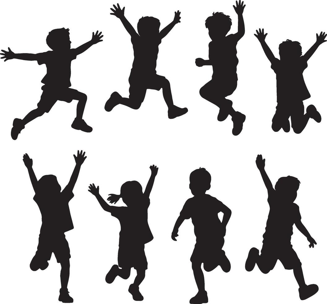Silhouetted children jumping with joy and energy isolated on a white background vector