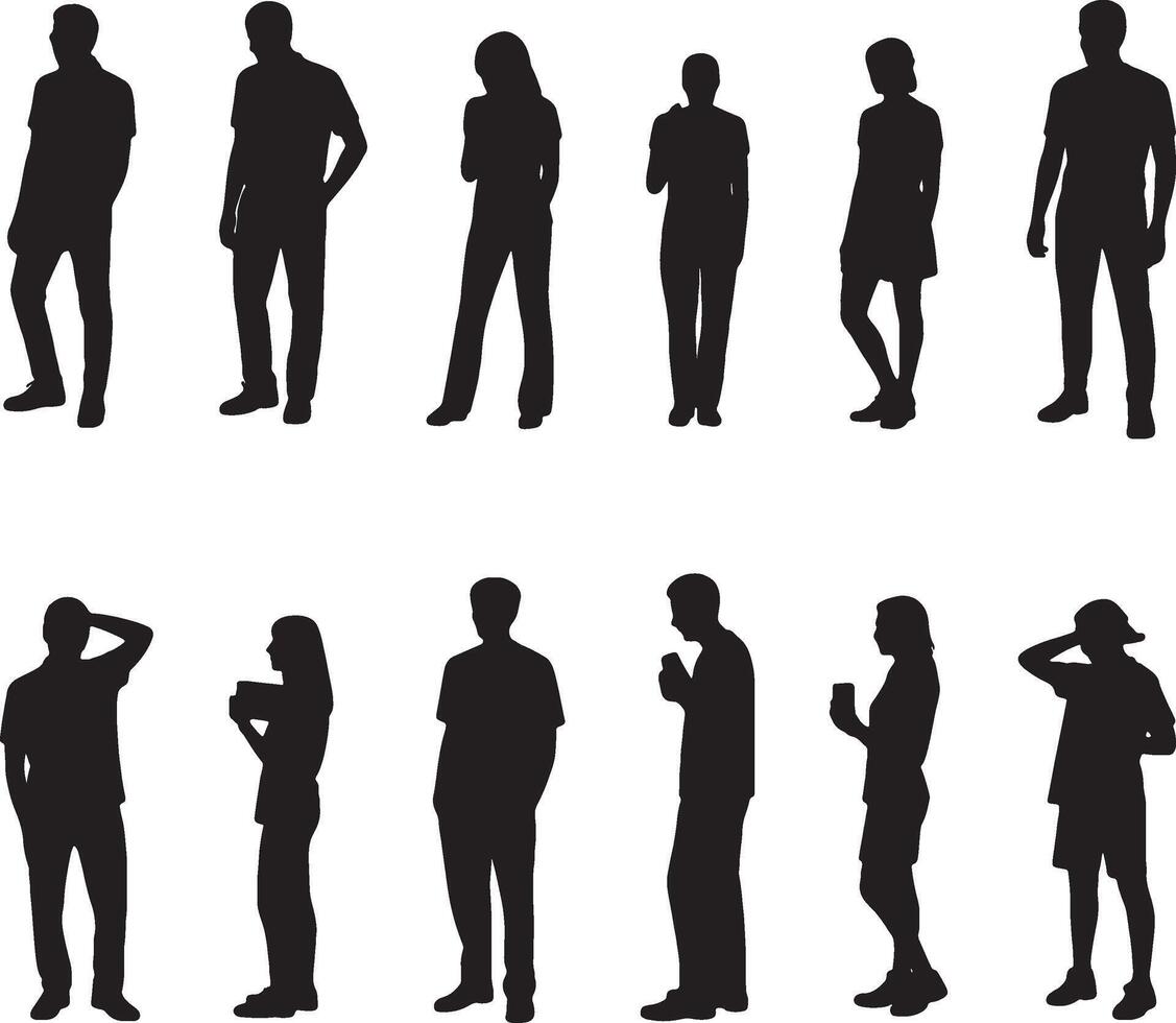 Collection of diverse people silhouettes standing in various poses illustration vector