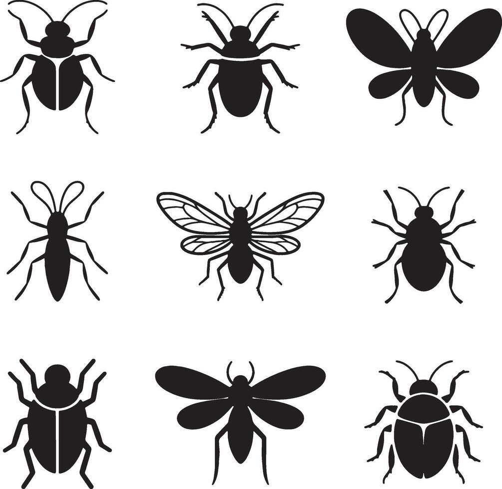 Insect silhouettes set beetle butterfly fly mosquito ant illustration vector