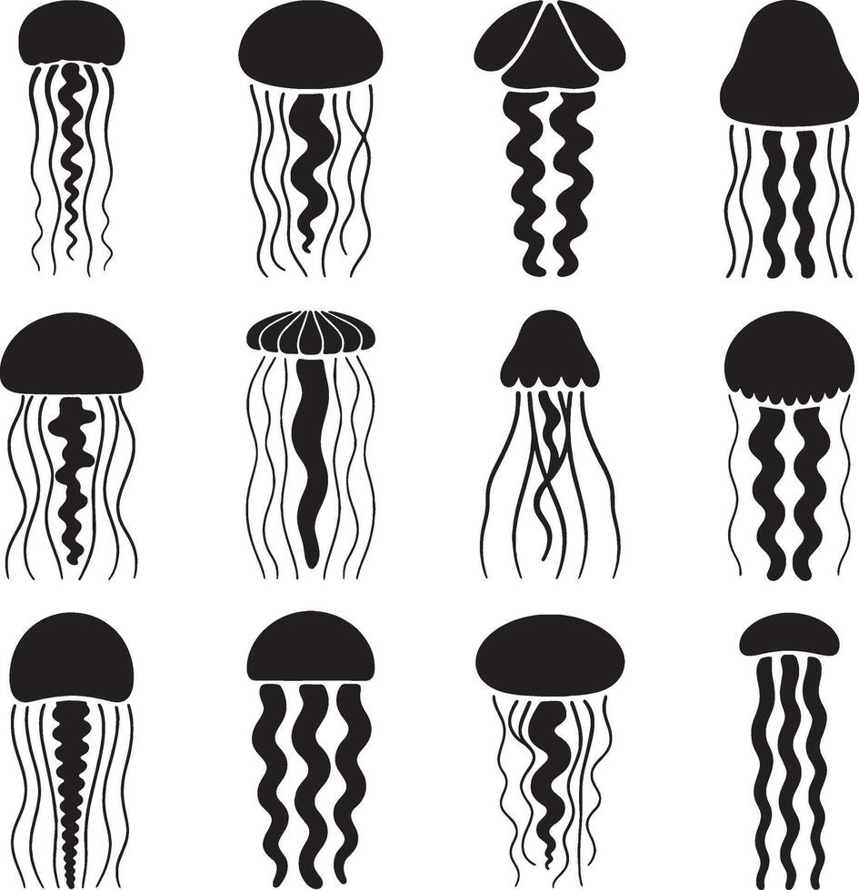 Jellyfish silhouette collection ocean life marine animals set design elements vector