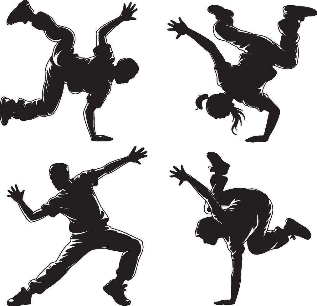 Collection of dynamic bboy and bgirl silhouettes performing breakdance moves vector