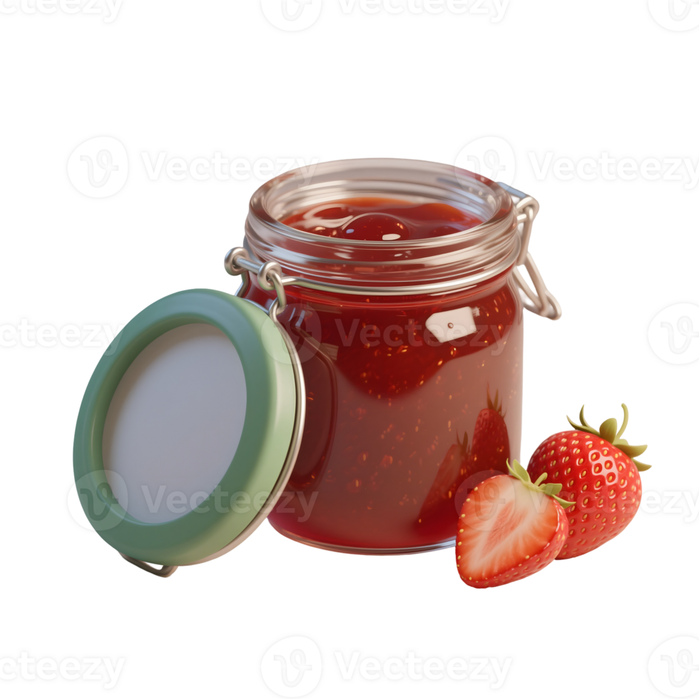 A jar of strawberry jam with a lid and strawberries png