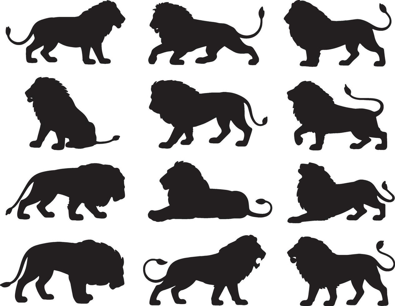 Twelve majestic lion silhouettes in various poses vector