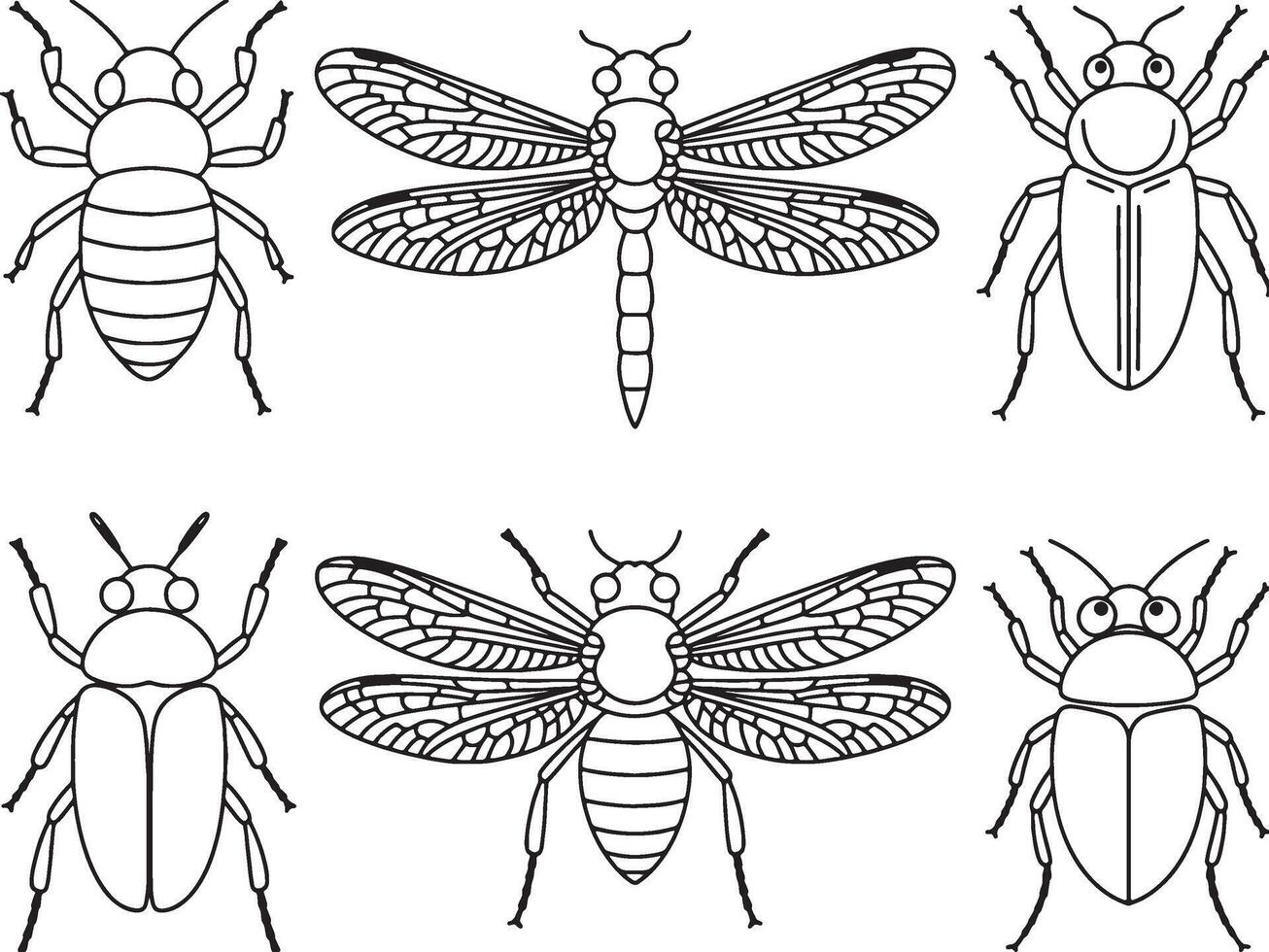 Six line drawings of various insects bugs vector