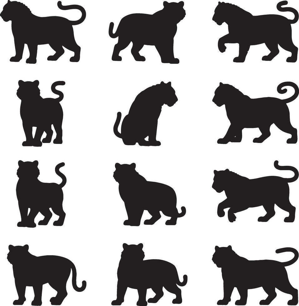 Twelve silhouettes of tigers in various poses vector