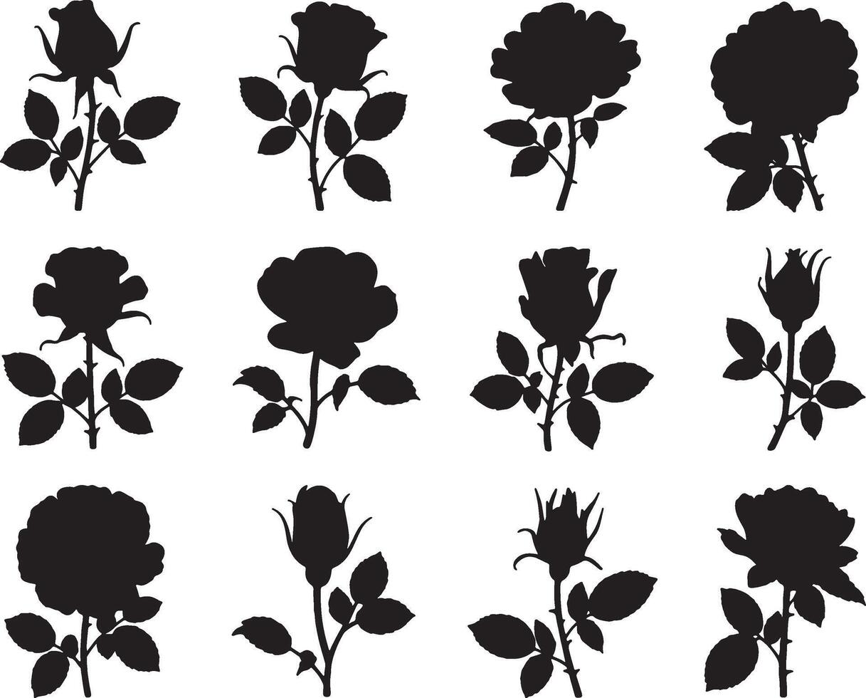 Twelve silhouettes of roses in various stages of bloom vector