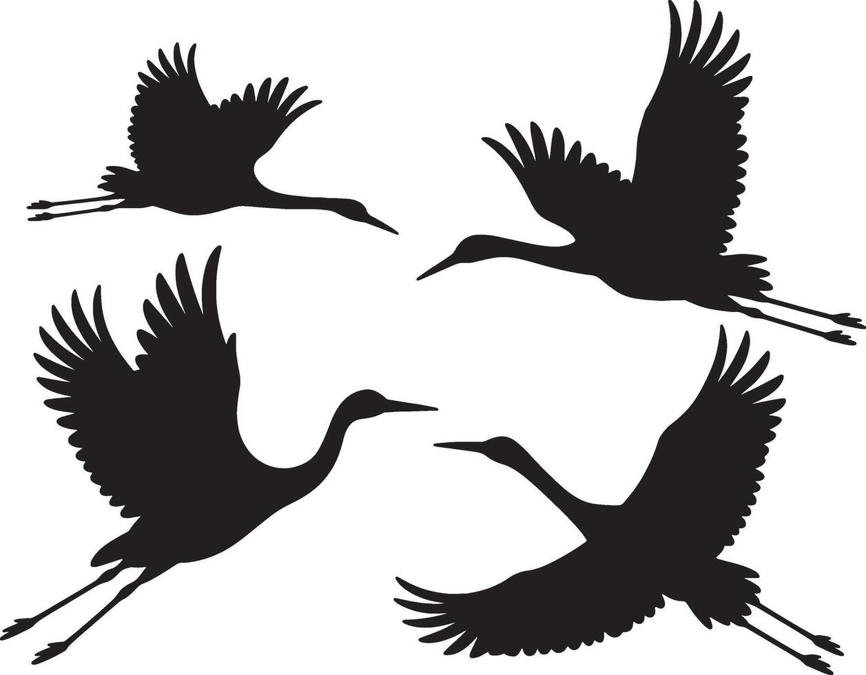 four black silhouettes of cranes flying in the air vector