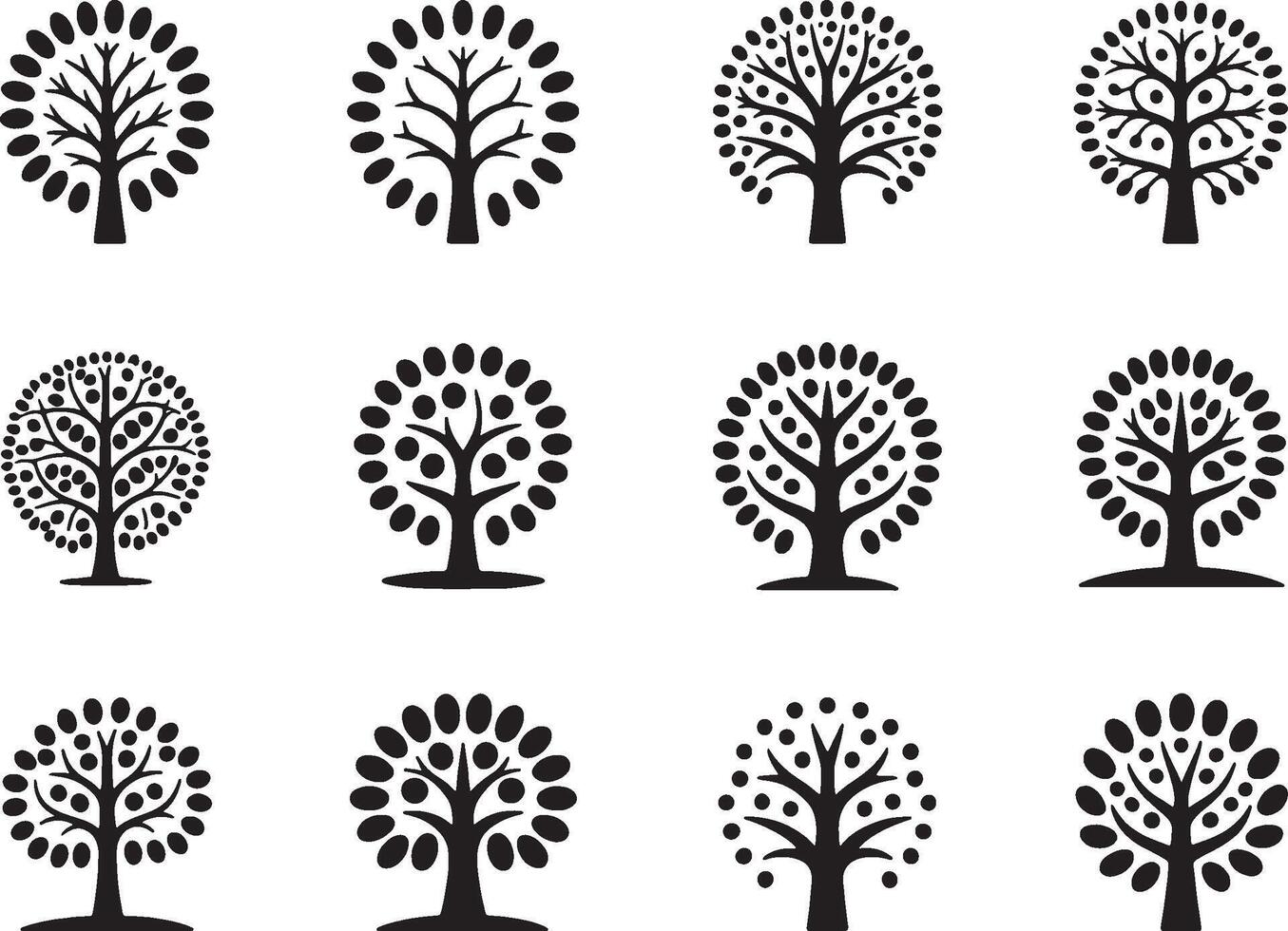Twelve black silhouette tree icons set design vector