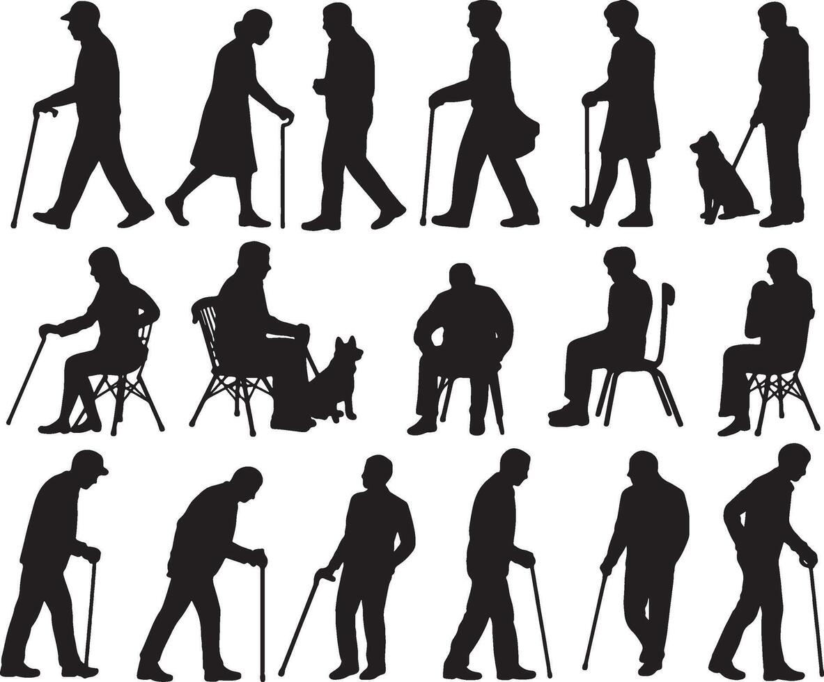 Silhouettes of elderly people walking sitting with canes dogs vector