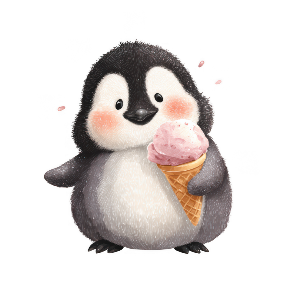 Cute penguin holding ice cream cone, showcasing delightful expression. This adorable animal is perfect for children illustrations and playful designs png