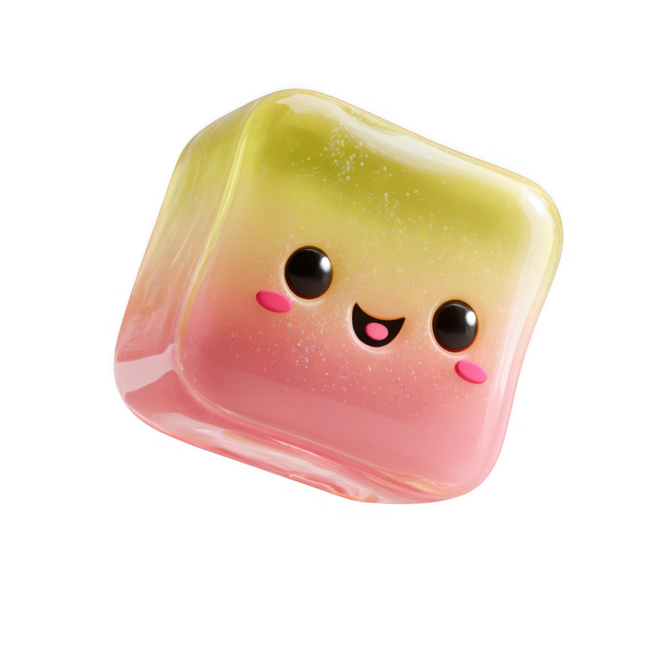 Cute jelly cube character with smiling face, featuring vibrant gradient of pink and yellow colors. This delightful dessert character brings joy and playfulness to any design png