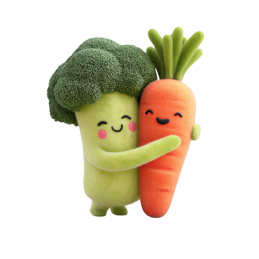 Cute broccoli and carrot plush toys are hugging each other, showcasing friendly and playful vibe. These veggie friends are perfect for children, promoting healthy eating in fun way png